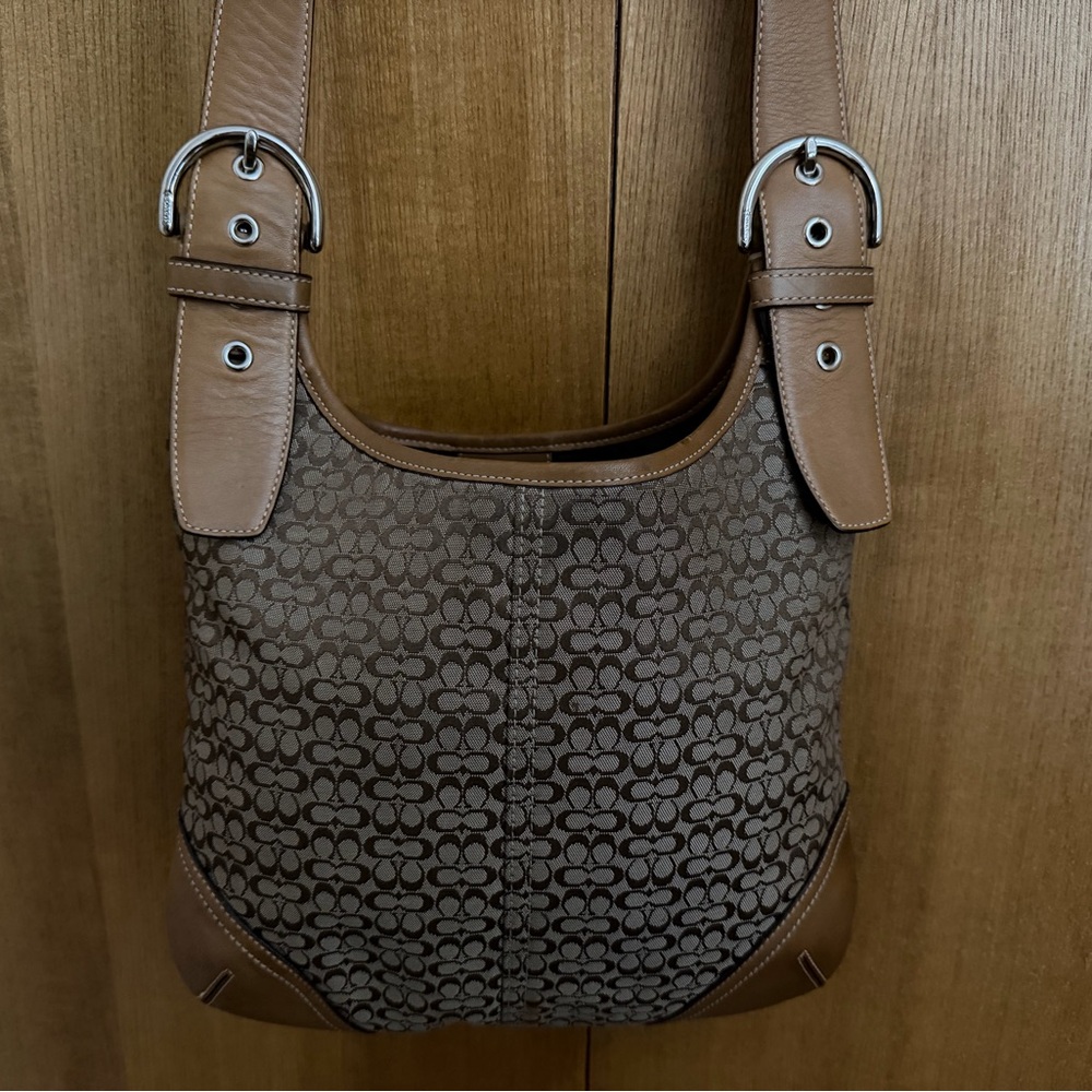 Coach Signature Jacquard & Leather Hobo Shoulder/Crossbody Bag Brown Tan 6386 - Picture 2 of 16
